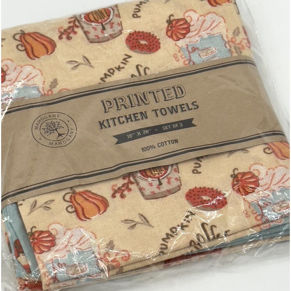 Set of 3 Mahogany Pumpkin Spice Kitchen Towels 100% Cotton Fall Thanksgiving NEW